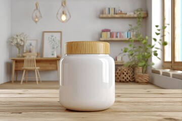 Poster - A white jar with a wooden lid sitting on a wooden table in a bright, spacious room filled with natural light, creating a warm and inviting atmosphere.