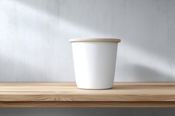 Poster - A modern white bucket with a wooden rim sitting on a light wood surface, casting a soft shadow against a light gray textured wall background.