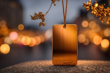 Poster - A glamorous golden tag with bokeh lights, casting a warm festive glow, perfect for adding a touch of luxury and celebration, creating an invitation or greeting card.