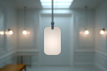 Poster - A modern minimalist tag suspended in a bright, clean room, featuring soft lighting and a calming ambiance, with geometric shapes and a peaceful atmosphere.