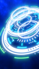 Fototapete - Abstract glowing digital interface with circular HUD elements in white, green, and blue against a deep blue background