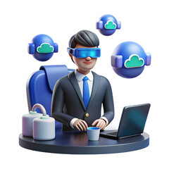 Fototapete - 3D Render of Businessman in VR Headset Working with Cloud Computing