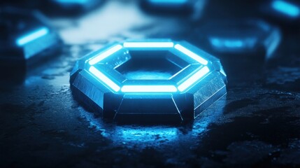 Poster - Geometric glowing shapes with blue neon illumination on a dark surface