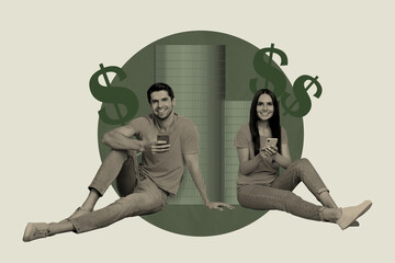 Aufkleber - Composite image montage trend artwork collage of young man lady sit smile hold smartphone money finance budget earnings dollars pile coins