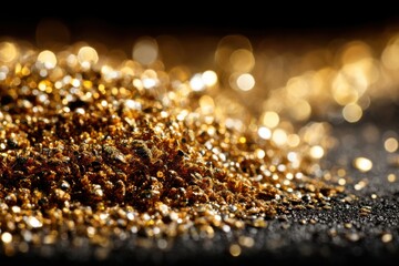 Poster - A luxurious close-up of shimmering gold dust, sparkling against a dark background, creating a rich texture and a sense of opulence, with bokeh lights.