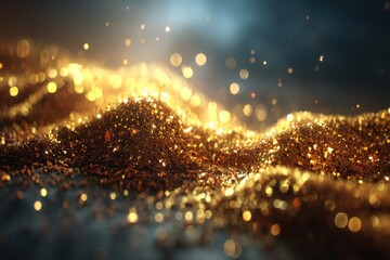 Poster - An abstract glittering golden landscape with bokeh lights and dark background, creating a magical and dreamy atmosphere for festive decorations, celebrations.