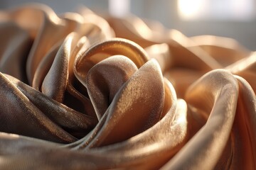 Poster - A close-up view of golden silk fabric, artfully draped and folded, creating a luxurious and elegant texture with soft, diffused light enhancing the rich details.