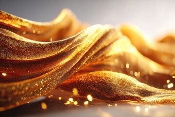 Poster - An abstract close-up of flowing golden fabric with a shimmering texture, catching the light and creating a luxurious and elegant effect, soft folds and bokeh.