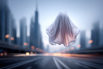 Poster - A surreal image of a floating white dress with city skyline in background, creating a dreamy and ethereal artistic composition against the urban landscape.