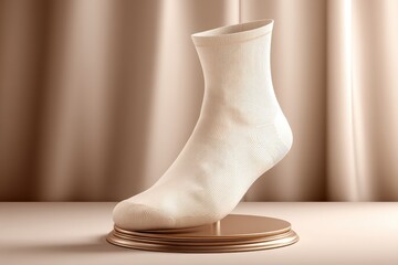 Poster - An elegant close-up studio shot of a single sock displayed on a golden pedestal, with a soft beige curtain backdrop, accentuating its texture and form in a minimalist fashion.