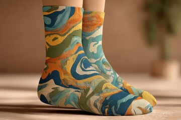 Poster - Artistic and abstract design patterned socks on a neutral background, showcasing vibrant blue, green, yellow, and orange swirls, creating a playful and stylish foot accessory.