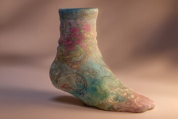 Poster - A creatively designed sock with colorful floral and paisley patterns, exhibiting an artistic flair and vintage charm against a soft, neutral backdrop.