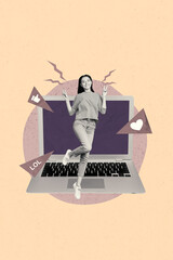 Poster - Trend picture collage of person stand big digital netbook with like icon lol email on pastel background