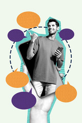 Poster - Poster photo vertical collage of hand hold phone device bubble colorful communication speech happy man peek chatterbox icon