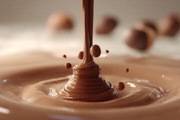 Poster - A delicious cascade of flowing chocolate, creating ripples and splashes in a pool of creamy sweetness, rich aroma and melting temptation, confectionery delight.