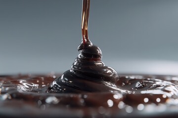 Poster - Close-up shot of dark brown liquid being poured, creating a glossy, viscous swirl, creating an artistic and appetizing food photography moment in the studio.