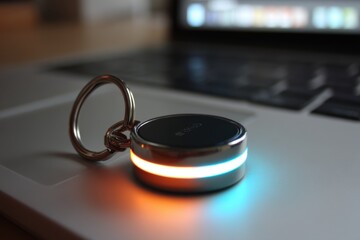  - Close-up of a modern metal keychain with glowing orange and blue light on a laptop, offering a sleek and futuristic tech aesthetic, ideal for product promotion.