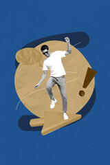 Poster - Poster image vertical photo collage of happy guy stand cursor arrow pointer bubble communication talk icon exclamation mark