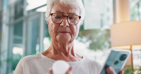 Poster - Senior, happy woman or phone with medication for research, symptoms or side effects at home. Elderly, female person or patient with mobile smartphone or pharmaceuticals for prescription or health app