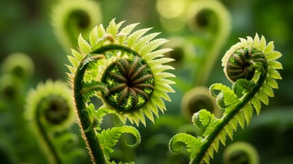 Time-lapse of a fern unfurling in spring. Close-up fiddlehead ferns growing in lush green nature  