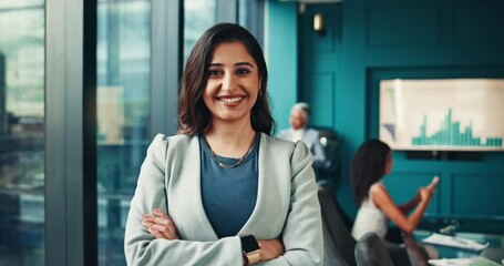 Fototapete - Arms crossed, smile or face of woman in office with business for data analysis, risk management or accounting. Growth, development or portrait of businesswoman with confidence at financial agency