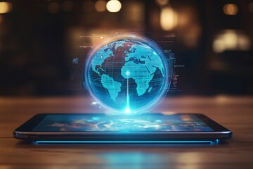 Poster - Global connectivity showcased on a digital device with futuristic holographic display