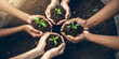 © Anwar Fauzan - Plant, sustainability and space with hands of business people for teamwork, earth or environment from above. Collaboration, growth and mockup with employees and soil for future, partnership or invest