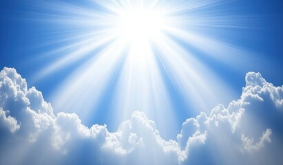 bright sunbeams piercing through a partly cloudy sky. vast expanse of cerulean blue, punctuated by f