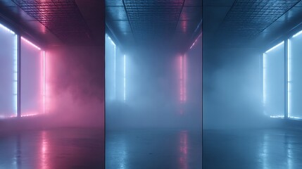 Poster - Atmospheric corridor with neon lights, reflecting on the glossy floor and foggy effects