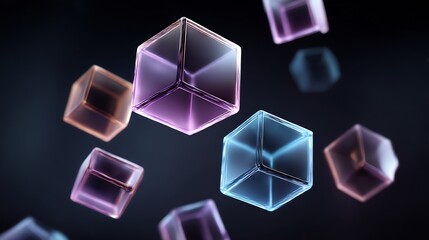 Poster - Dynamic array of luminous translucent cubes floating in dark ambient space