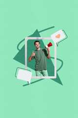 Poster - Vertical image poster art photo collage of happy guy blogger peek tablet hold bullhorn screen like notification bubble social media