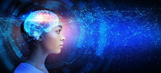 Fototapete - Artificial Intelligence Concept. Profile Portrait Of Black Woman With Illuminated Digital Brain Over Abstract Futuristic Background