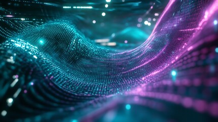 Poster - Wavy digital landscape with cyan and magenta glowing particles in dynamic interplay