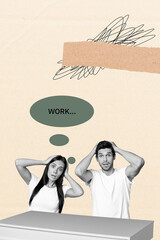 Poster - Vertical image art collage of puzzled happy girl guy receive workload bubble notification job occupation tension workaholic