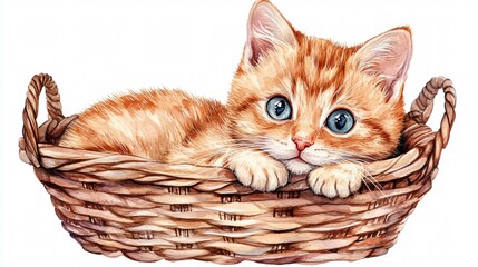  Adorable Watercolor Illustration of Cute Cat in Basket