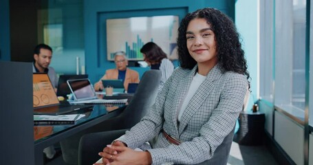 Poster - Face, investor and woman in boardroom, meeting and planning for project budget. Thinking, accounting and happy person in office, finance expert and feedback for revenue review, broker and daydreaming