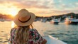 © Novcicrelax - A serene image of a woman enjoying a peaceful moment on a boat as the sun sets, reflecting tranquility and the beauty of nature around her in warm, inviting colors.