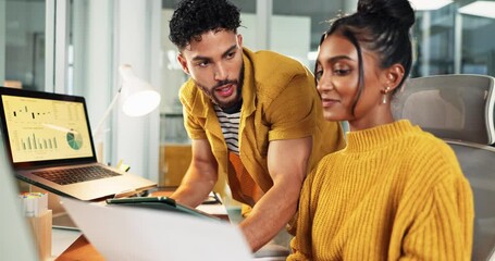 Poster - Business people, tablet and discussion with laptop for analytics, data or statistics at office. Happy man, woman or employees with technology, graph or chart for performance review at workplace