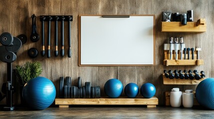 Poster - Wall-mounted workout planner next to a storage rack full of fitness accessories