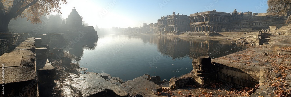 Ancient temple complex reflecting on a misty lake. Stone walkways and ...