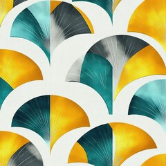 Leinwandbilder - abstract pattern of overlapping fan shapes in teal, yellow, gray, and white with soft gradient shading and fine linear details