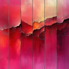 Poster - Abstract textured painting with vertical panels featuring layered vivid red, pink, orange, and beige tones resembling a rough landscape or mountain range