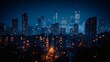 © Prokopchuk - Cityscape Illumination: Residential Buildings in Foreground and Tall Skyscrapers Shining in Dark Night