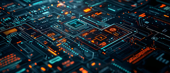 Fototapete - Abstract Circuit Board Design With Glowing Orange And Blue Lines