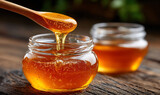 A close-up of honey pouring from a wooden spoon into a glass jar, golden