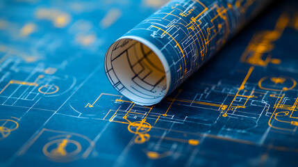 Rolled technical blueprints on a dark blue background