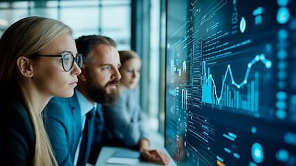 Poster - Data Analysis Insights: A focused team of business professionals, closely observing complex data visualizations on a large digital screen, demonstrating expertise in data analysis.