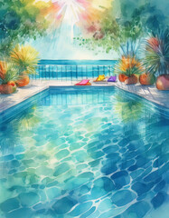 a colorful, inviting pool scene with a view of the ocean. generative ai.