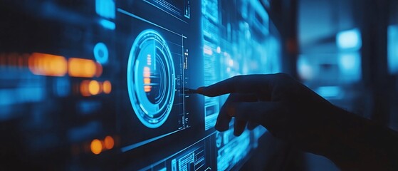 Hand touching a digital screen displaying data visualizations in blue and orange