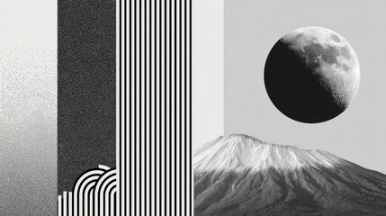 Poster - Abstract black and white composition featuring moon and mountain against a modern background